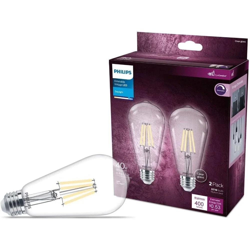 Pack of 2 Philips LED Vintage Flicker-Free Clear Straight ST19 Dimmable, Eyecom